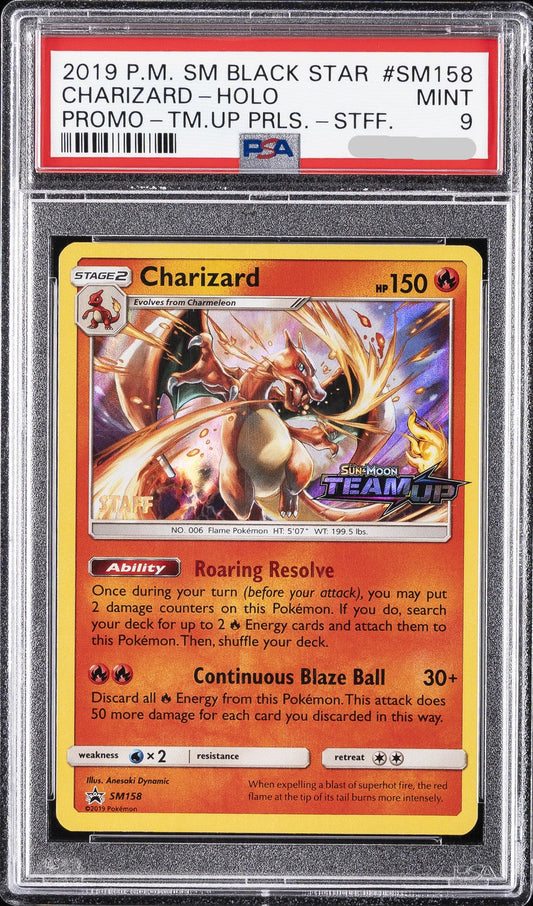 Pokémon TCG - BLACK STAR PROMO #SM158 CHARIZARD-HOLO TEAM UP PRERELEASE PSA 9